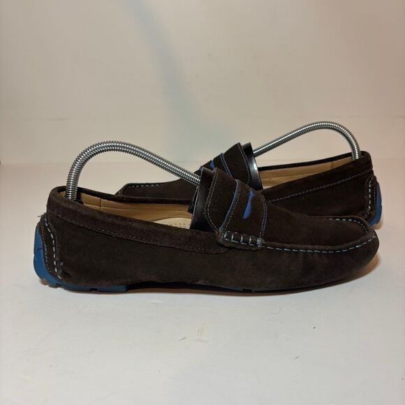 Ecco Mens Sz 42 8.5 M Dynamic Suede Penny Loafer Driving Moc Brown Blue Slip On - Picture 4 of 10